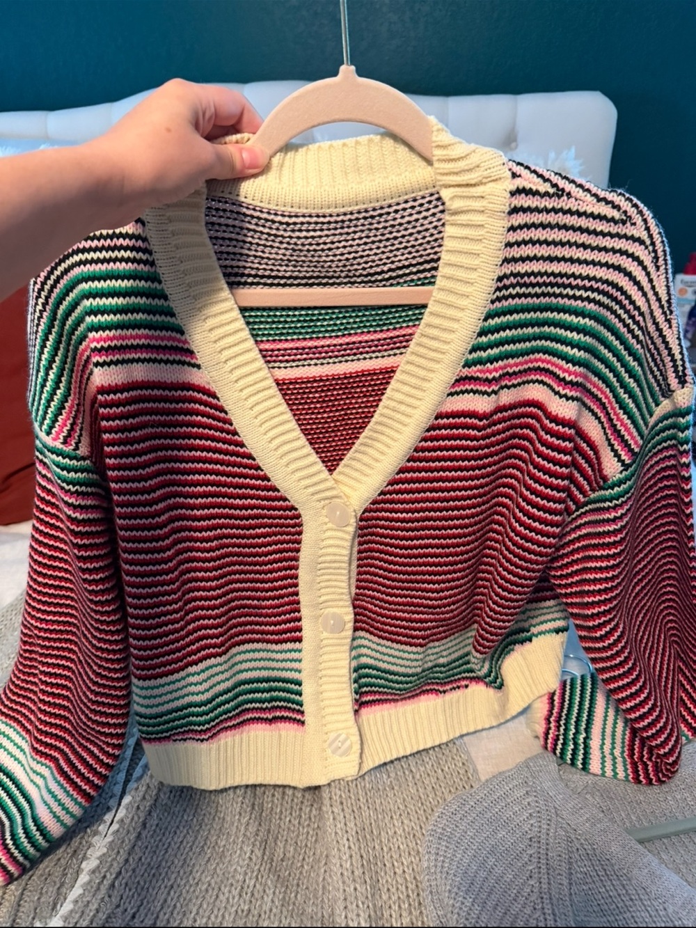 Striped V‑Neck Cardigan in Red, Green, Pink and Cream
